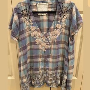 SOLD Johnny Was Blue Plaid Embroidered Top size XL